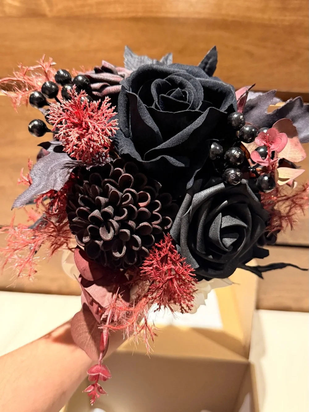 Ling's Moment Artificial Burgundy & Black Gothic Bouquet 7”